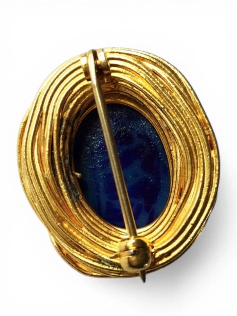 Vintage Brutalist Gold‑Tone Brooch - Blue Agate Cabochon & Gold Flecks - Picture 12 of 13